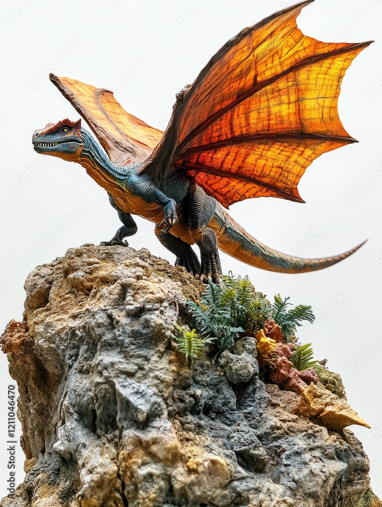 Fototapeta premium Dragon statue perched on rock, clear sky background; fantasy, decor