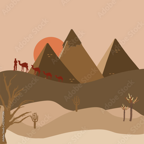 Iilustration  pyramids desert camel caravan in the desert with cactus 