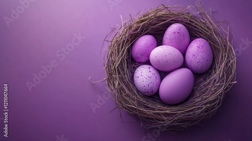 Lavender Easter eggs nest purple background spring
