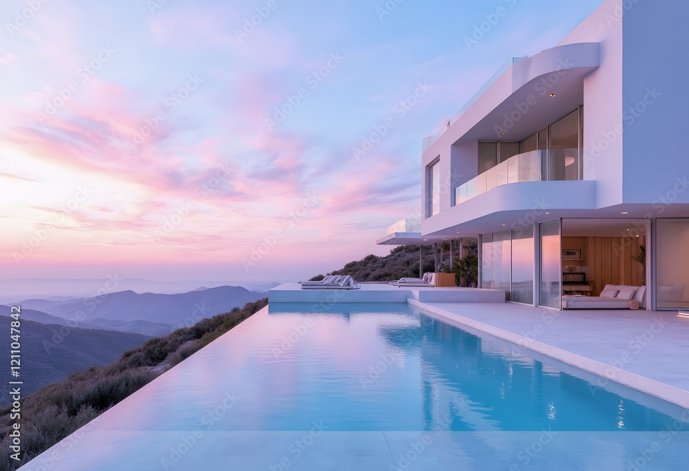 Fototapeta premium Modern villa with swimming pool at sunset