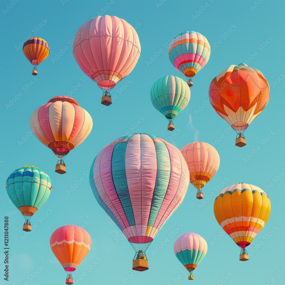 Fototapeta premium Colorful hot air balloons soar in the blue sky festival outdoor scenic aerial view joyful experience