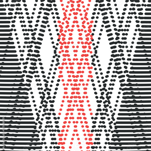 Symmetrical texture with dots and stripes. In the middle is a red zone.
