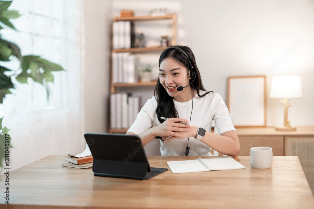 Happpy Asian business woman wtth headset work from home with laptop, meeting online and video conferencing. Happpy Asian business woman wtth headset work from home with laptop, meeting online and video conferencing.