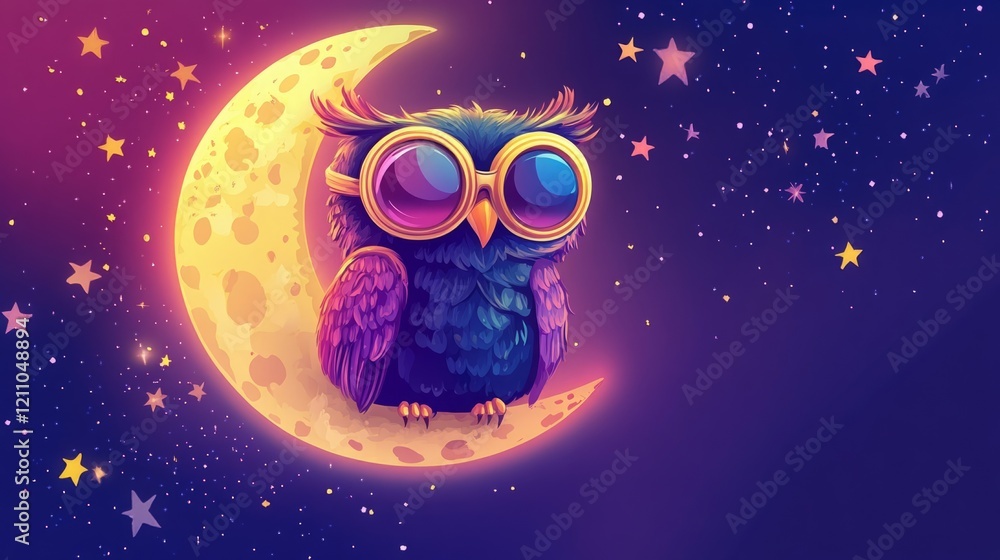 Fototapeta premium Adorable owl perched on a crescent moon, surrounded by twinkling stars. Night sky, vibrant colors.