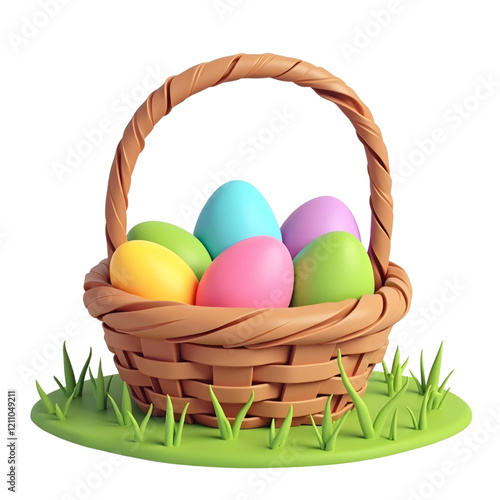 A 3D basket filled with colorful Easter eggs
