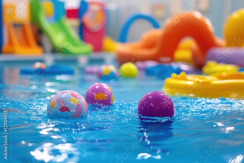 Colorful Water Play Equipment and Floating Balls in a Bright Indoor Pool Area with Slides and Soft Play Structures for Children
