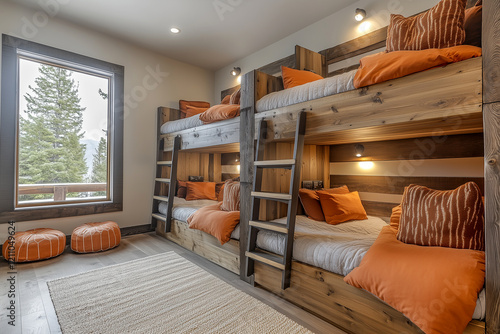 A cozy shared hostel room with wooden bunk beds, soft bedding, personal lockers, and warm lighting creating an inviting atmosphere