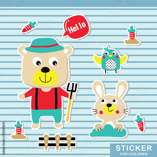 Cartoon farmer bear holding a pitchfork with rabbit, carrots, and playful garden-themed stickers on striped background. Kids and farming concept
