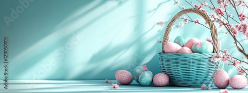 A basket of colorful Easter eggs surrounded by pink flowers and greenery photo