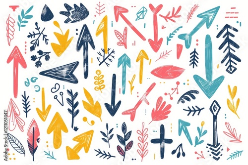 Colorful hand-drawn arrows, leaves, and abstract shapes create a vibrant, playful pattern. photo