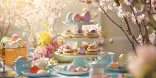 Colorful Easter-themed brunch display with desserts and spring decorations for a joyful celebration photo