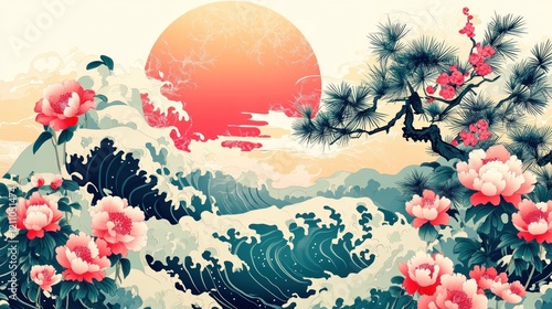 Japanese wave art, sunset, peonies, design, print