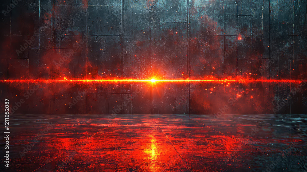 Fototapeta premium Red light beam illuminates dark grunge room; smoke, reflections on wet floor.
