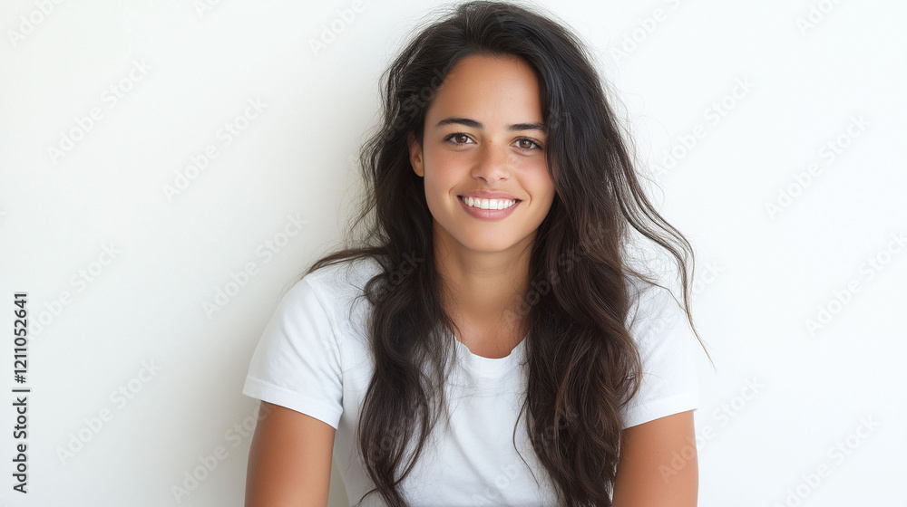 Young Latina woman, smiling, wearing white t-shirt, white background Young Latina woman, smiling, wearing white t-shirt, white background