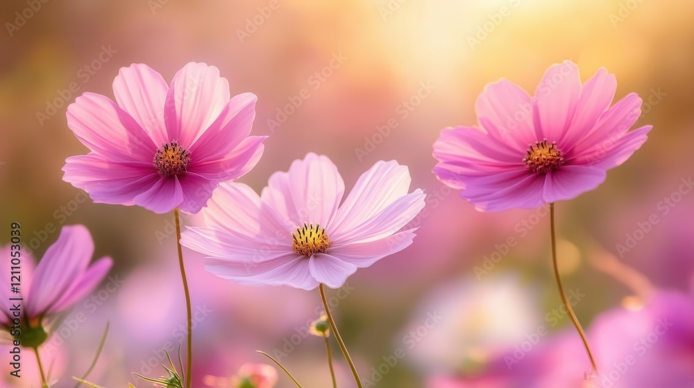 ethereal field of pink and white cosmos flowers swaying in golden afternoon light, dreamy bokeh effect, soft focus edges, delicate petals catching sunbeams, romantic atmospheric composition ethereal field of pink and white cosmos flowers swaying in golden afternoon light, dreamy bokeh effect, soft focus edges, delicate petals catching sunbeams, romantic atmospheric composition