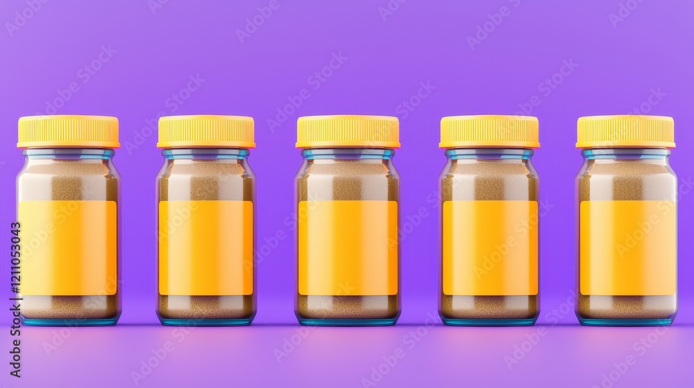 Colorful Spice Jars with Yellow Lids on a Purple Background Colorful Spice Jars with Yellow Lids on a Purple Background