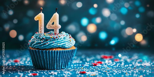 Cupcake to celebrate birthday or anniversary, with white number 14 candles, blue frosting photo