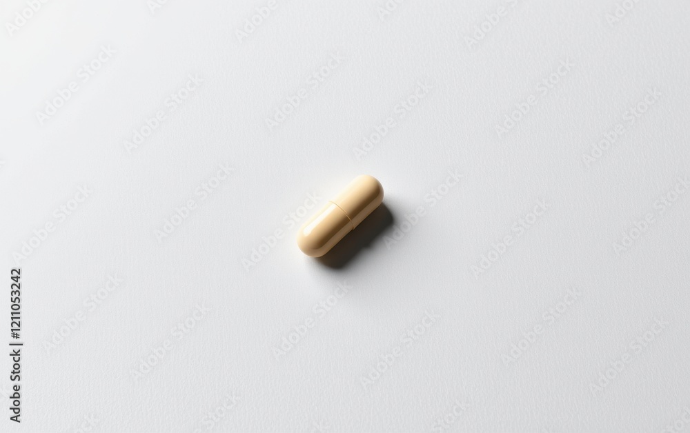 A single capsule pill resting on a clean white surface, casting a subtle shadow. A single capsule pill resting on a clean white surface, casting a subtle shadow.