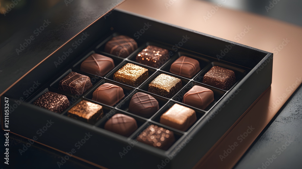 box of assorted luxury chocolates in elegant packaging, featuring variety of shapes, textures, and golden accents, perfect for gifting or indulgence