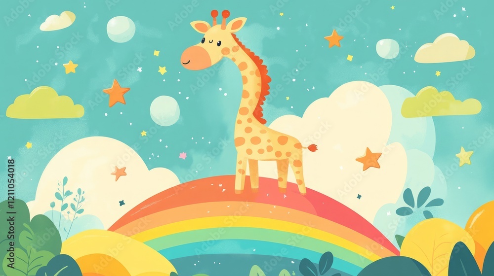 Obraz premium Adorable giraffe standing on a rainbow in a whimsical, colorful landscape.