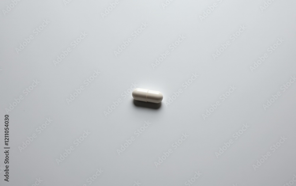 A single capsule pill resting on a clean white surface, casting a subtle shadow. A single capsule pill resting on a clean white surface, casting a subtle shadow.