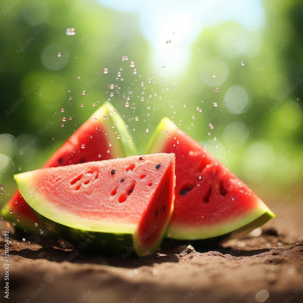 Three slices of watermelon on a bed of dirt Three slices of watermelon on a bed of dirt