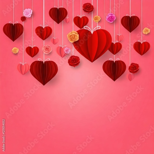 Valentine's Day with hearts and roses hanging down and a pink background.