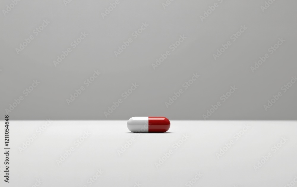 A single capsule pill resting on a clean white surface, casting a subtle shadow. A single capsule pill resting on a clean white surface, casting a subtle shadow.