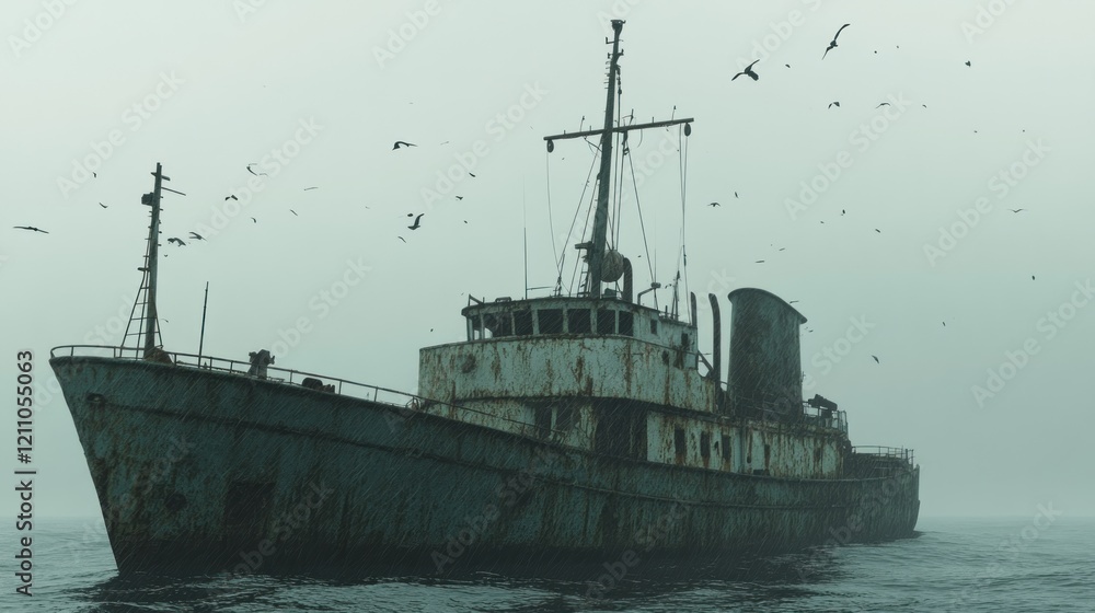 A weathered ship sits in foggy waters, surrounded by birds in a desolate atmosphere. A weathered ship sits in foggy waters, surrounded by birds in a desolate atmosphere.