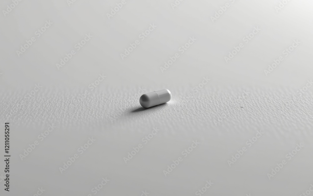 A single capsule pill resting on a clean white surface, casting a subtle shadow. A single capsule pill resting on a clean white surface, casting a subtle shadow.