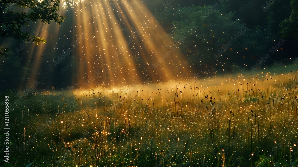 Fototapeta premium Magical sunbeams breaking through forest trees illuminate a misty wildflower meadow at dawn, creating ethereal atmosphere with golden light and floating dust particles.