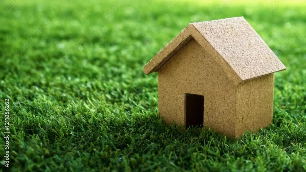 Cardboard house on grass showcasing movement and stability in a natural setting