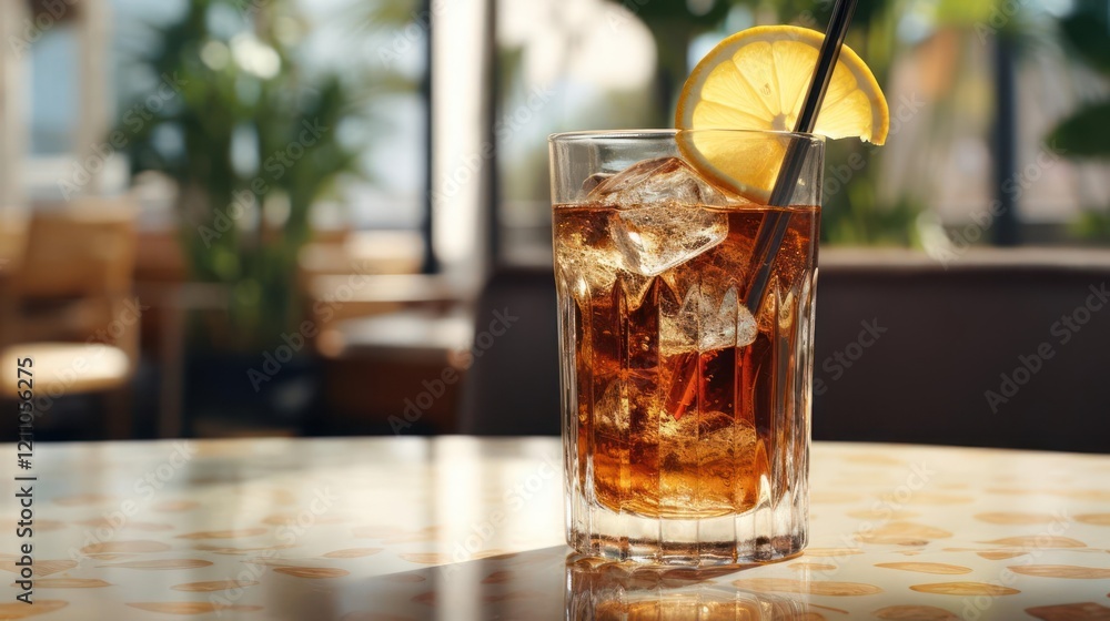 A glass of dark brown liquid with ice and a lemon slice on top A glass of dark brown liquid with ice and a lemon slice on top