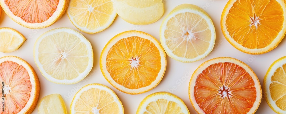 Obraz premium Colorful citrus fruit slices arranged artistically on a light background.