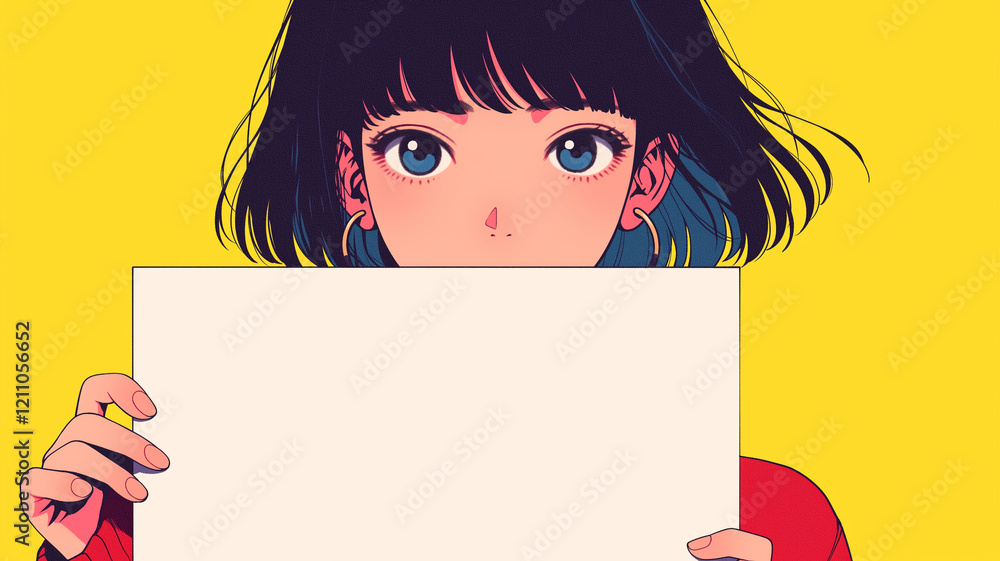 Fototapeta premium 文字を入れられる白い看板を持った女性。80年代90年代の日本のアニメをモチーフにしたレトロなイラスト。