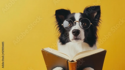 expressive border collie wearing round vintage glasses balancing an open hardcover book, captured against vibrant yellow backdrop with dramatic studio lighting photo