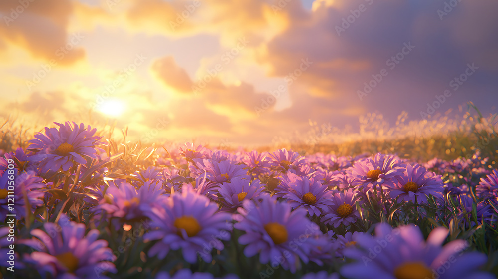 Fototapeta premium field of vibrant purple asters swaying gently in breeze under golden sunset sky, evoking serene and tranquil atmosphere
