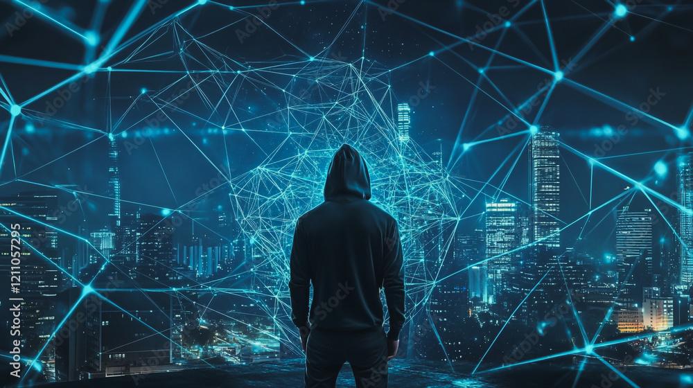 Obraz premium Hacker are planning to hack and attack networks and cyber security systems.Smart digital city with connection Innovation network reciprocity over the cityscape