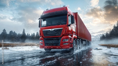 Red truck navigating through snowy landscape with mountains in background during sunset