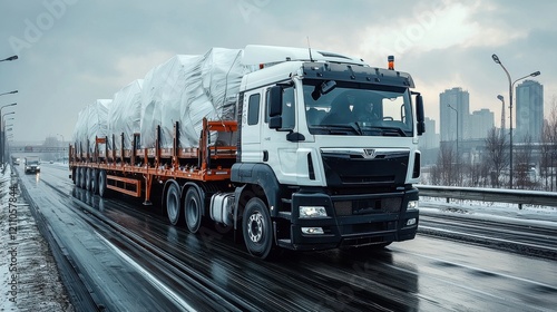 Large truck transporting goods on a rainy highway near urban buildings during overcast weather