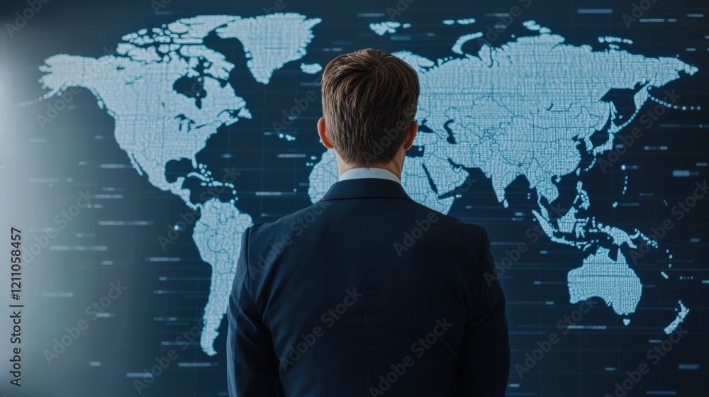 Businessman analyzing global data on a digital world map in a modern office setting. Businessman analyzing global data on a digital world map in a modern office setting.
