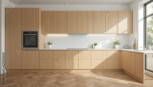 Modern minimalist light wood kitchen design with herringbone flooring and large window