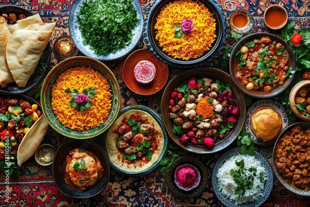 Vibrant display of various traditional dishes on a decorative table setting. Vibrant display of various traditional dishes on a decorative table setting.