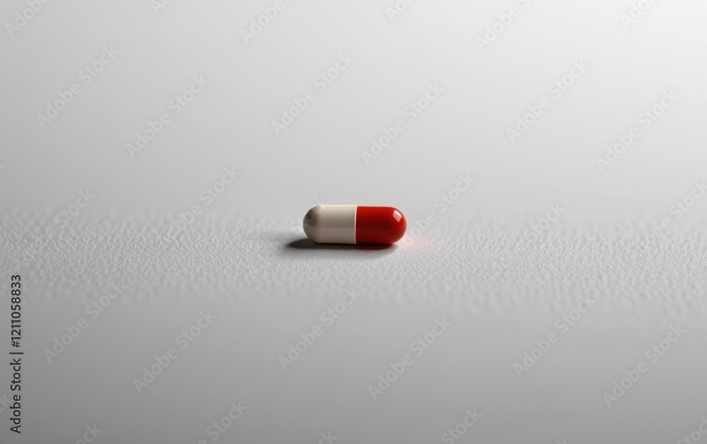 A single capsule pill resting on a clean white surface, casting a subtle shadow. A single capsule pill resting on a clean white surface, casting a subtle shadow.