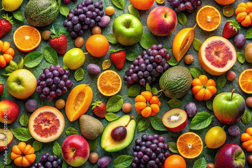 A vibrant collection of fresh fruits arranged artfully on a dark surface, showcasing a spectrum of colors and textures, including apples, oranges, grapes, and exotic fruits. A vibrant collection of fresh fruits arranged artfully on a dark surface, showcasing a spectrum of colors and textures, including apples, oranges, grapes, and exotic fruits.