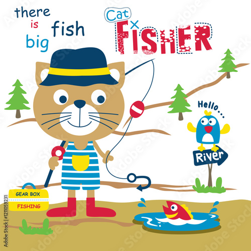 Cartoon cat fishing in a river with a big fish on the line and a bird nearby under a bright sky. Playful outdoor fishing and adventure design concept
