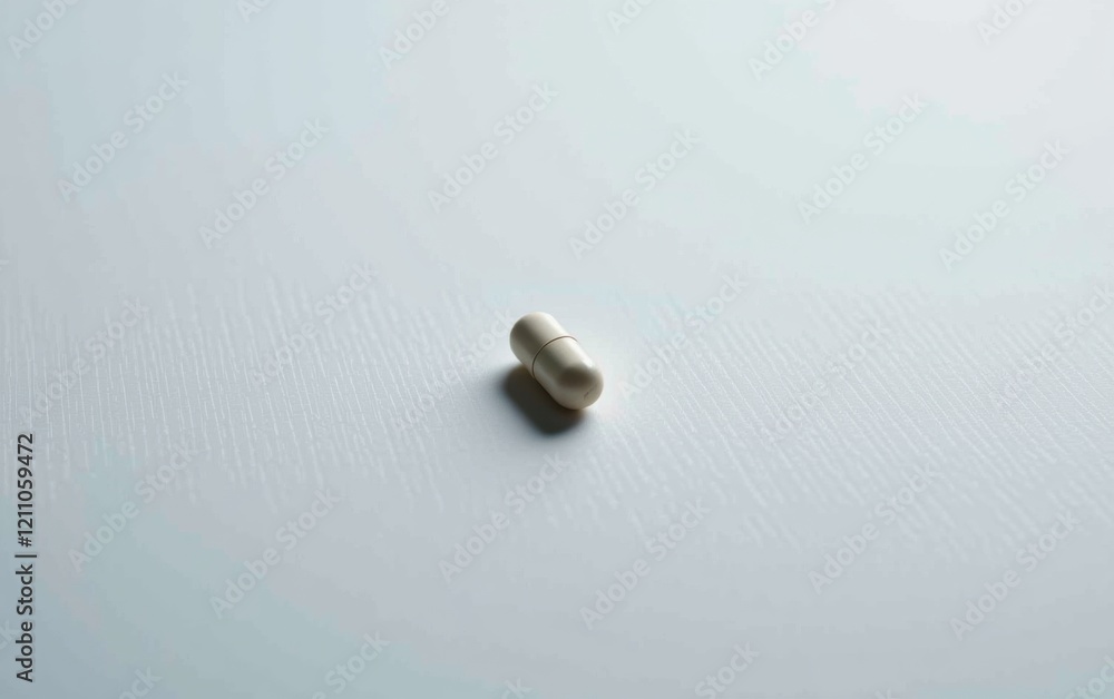 A single capsule pill resting on a clean white surface, casting a subtle shadow. A single capsule pill resting on a clean white surface, casting a subtle shadow.
