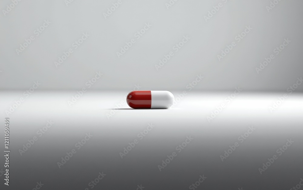 A single capsule pill resting on a clean white surface, casting a subtle shadow. A single capsule pill resting on a clean white surface, casting a subtle shadow.