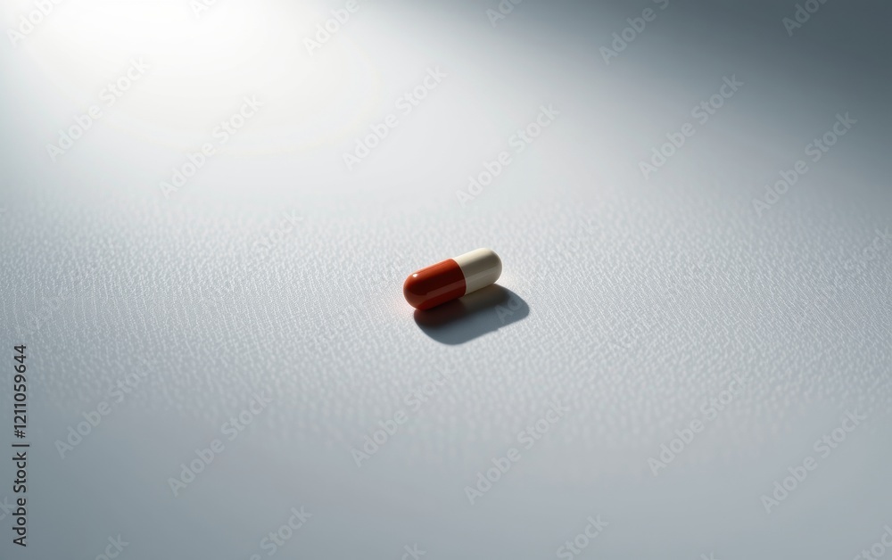 A single capsule pill resting on a clean white surface, casting a subtle shadow. A single capsule pill resting on a clean white surface, casting a subtle shadow.