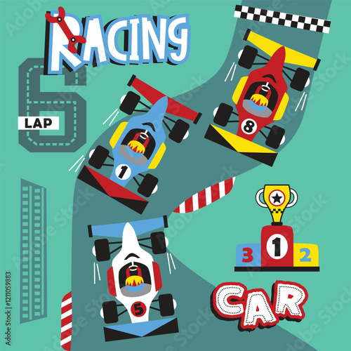 Cartoon race cars competing on a curvy track with a podium and trophy on a green background. Playful racing and sports design concept
